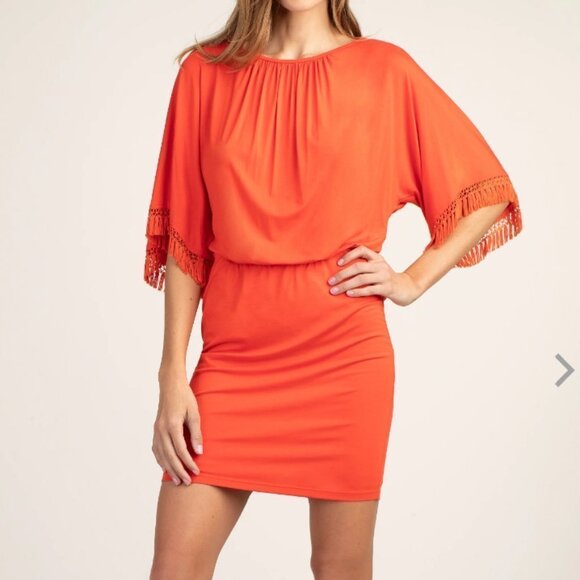 Nwt Trina Turk Bird of Paradise Dress Tiger Lily Orange Fringe Sleeve S - Picture 2 of 10